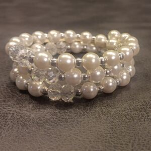 Lustrous Faux Pearl and Crystal Memory Wire Or Wrap Bracelet